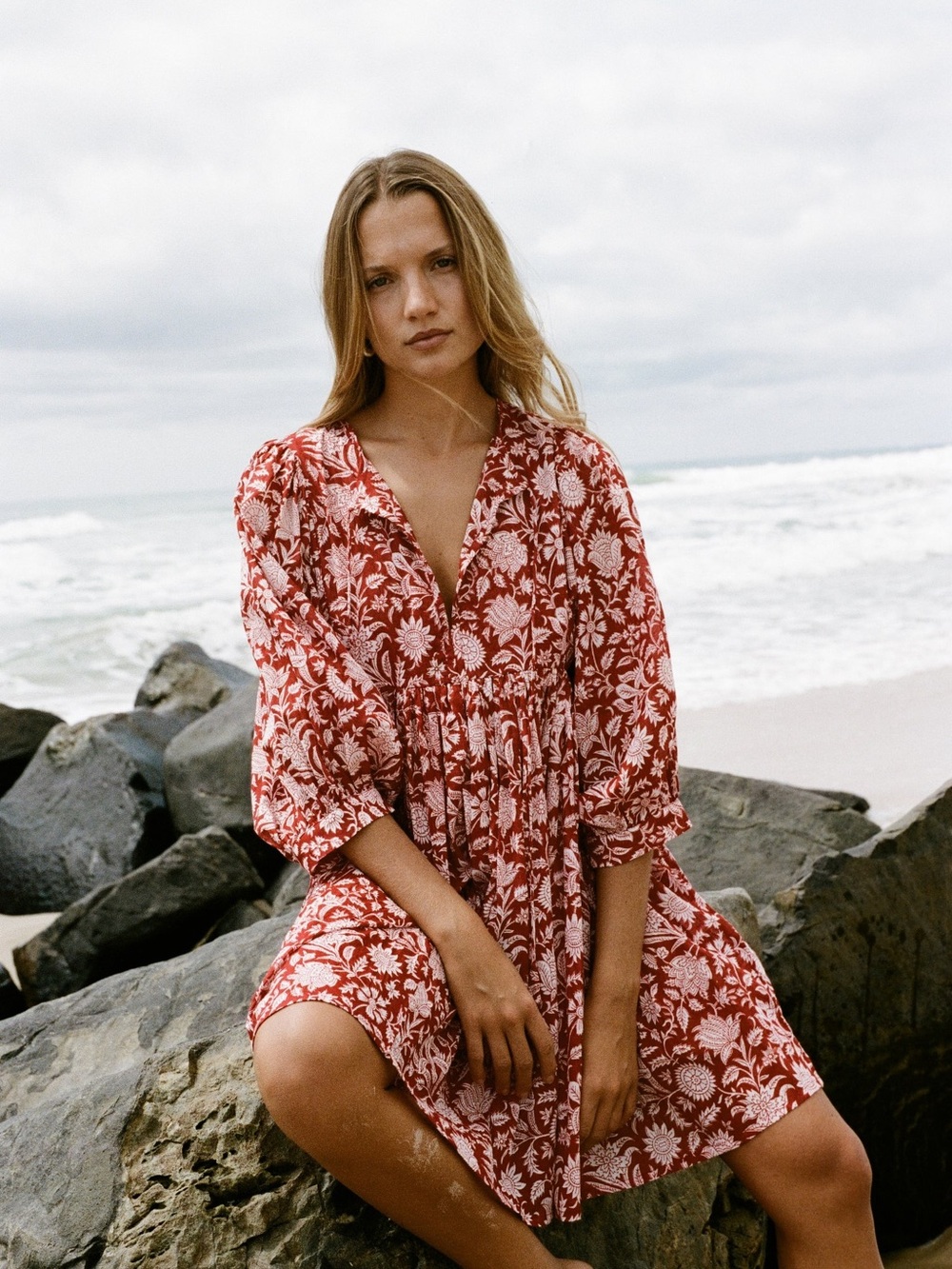 Daughters of India Kyra  Red and White Floral Mini Dress